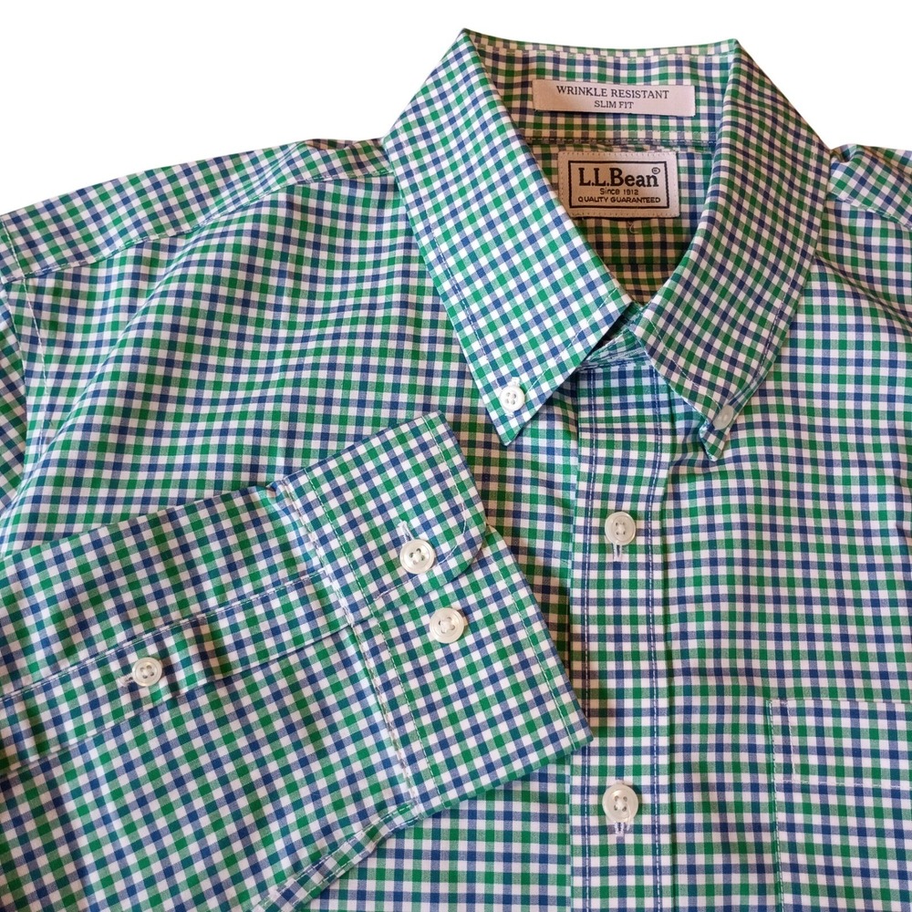 LL Bean Button Down Shirt Men Medium Slim Fit Green Blue Check Wrinkle Resistant